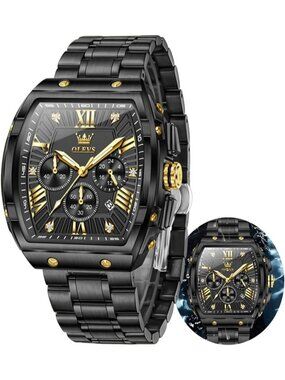 Men's All Black Chronograph Rectangle Stainless Steel Luminous Classic Watch